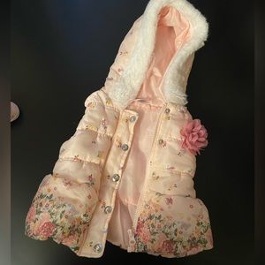 Little lass 18 M toddler vest adorable pink puffer fur hood butterfly floral